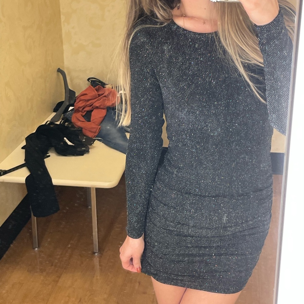 Black, sparkle, silver, long sleeve, mini dress, sequin - Picture 2 of 2
